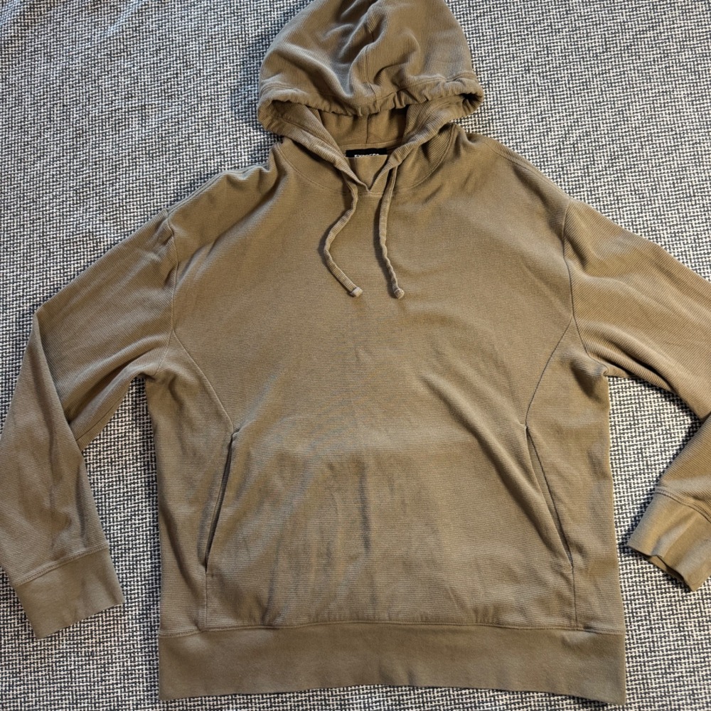 Express Mens Waffle Knit Pullover Hoodie Taupe Large L Long Sleeve